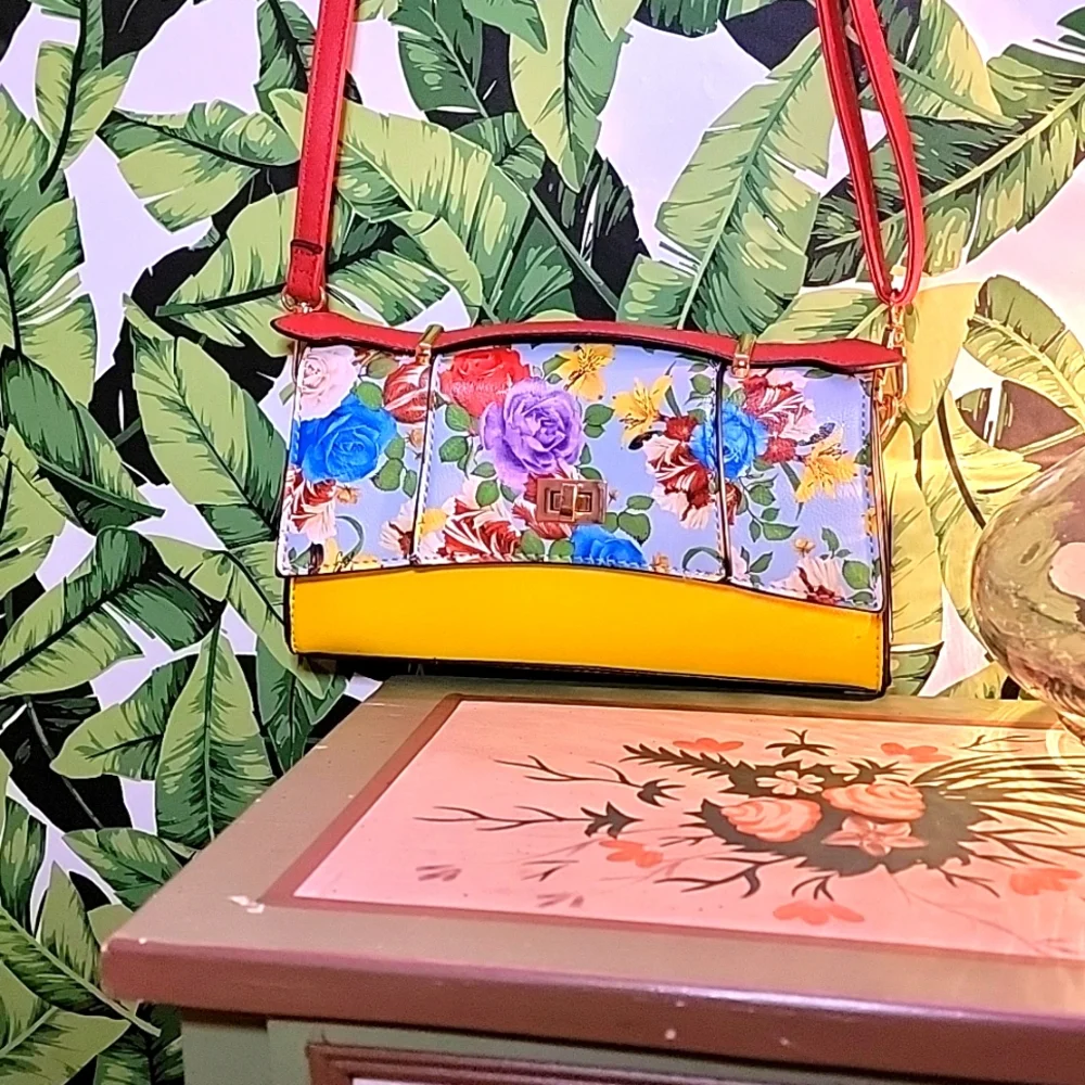 2 Pieces NWOT Red Yellow Floral Shoulder Handbag or Clutch w wallet wristlet - Picture 1 of 14